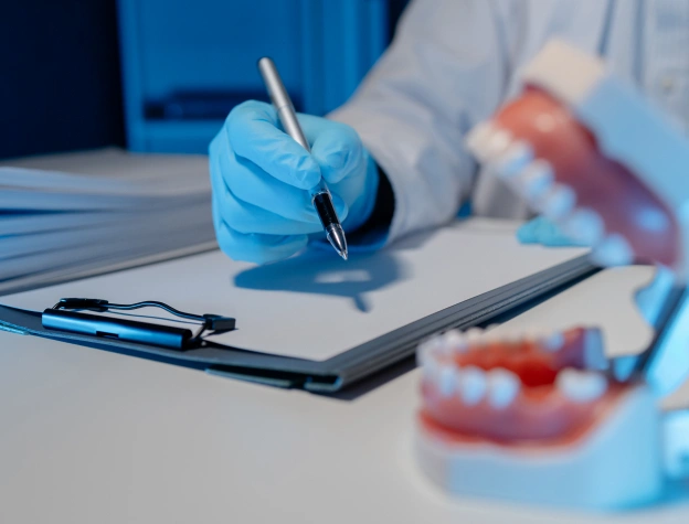 Dentist holding blue dental model with pen over clipboard in professional office setting.