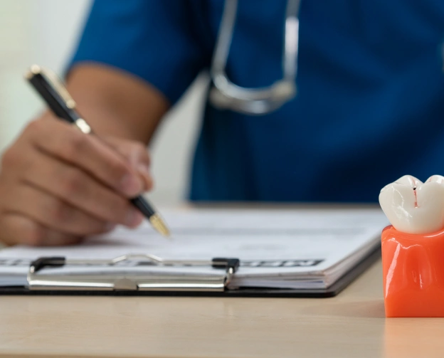 Healthcare professional in blue scrubs writing on clipboard at dental office desk.