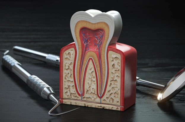 Dental model showing tooth cross-section anatomy with dental instruments on dark surface