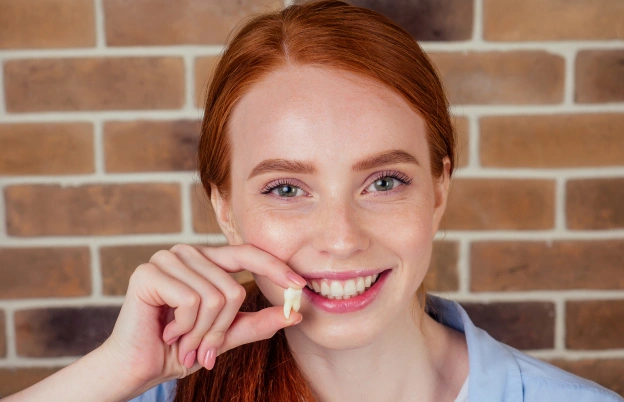 Young girl smiling at camera with finger near mouth against brick wall background.